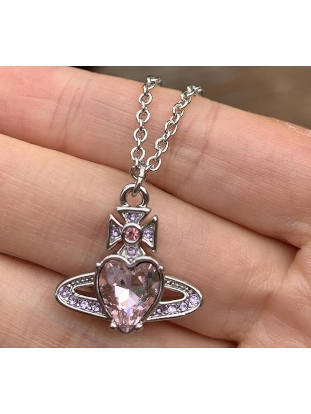 Vivienne Westwood Ariella Pink Heart Opal Necklace Silver Chain Rose Pendant NEW